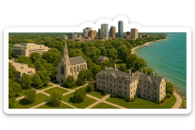 cinematic realistic emoji of Evanston, Illinois city view with Northwestern University campus central and prominent, Sigma Chi International Fraternity Headquarters, Levere Memorial Chapel Sigma Alpha Epsilon HQ, Lake Michigan shoreline, downtown Evanston, lifelike detail, accurate colors, bright daytime, no sky, no clouds sticker