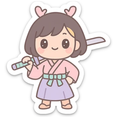 kawaii samurai girl with short hair and one streak of blonde in her hair, standing confidently, holding sword over shoulder, pastel palette sticker