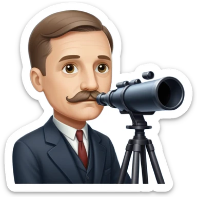 Astronomer Edwin Hubble with mustache, wearing a suit, looking through a telescope with stars in the background sticker