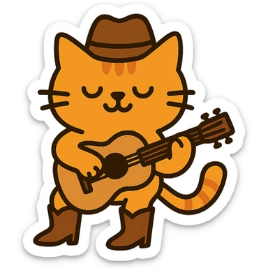 flat toon orange cowboy cat with cowboy boots strumming an acoustic guitar sticker