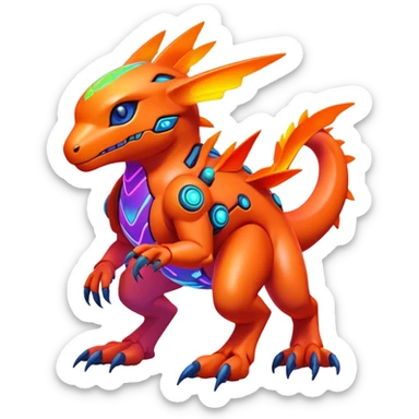 Tropical futuristic lush warm-colored neon-colored Digimon-Fionbri-creature sticker