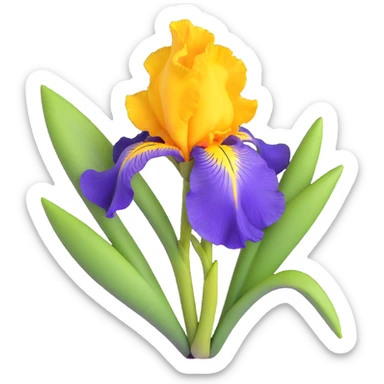 Detailed iris flower with rich purple color, classic iris structure with three hanging falls and three upright standards, green stem and leaves sticker
