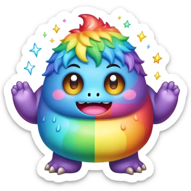 Kawaii derpy fat rainbow monster surrounded by magic, rich textures, visually rich, so lifelike that it feels like it could leap off the page at any moment sticker