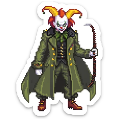 evil clown soldier, bald, black horns on forehead, fangs, pointed ears, eye patch over one eye, long coat over black and military green clothes with bellbottom pants, tail, holding a different style of whip, realistically proportioned, less bulky, full body, fighting stance sticker