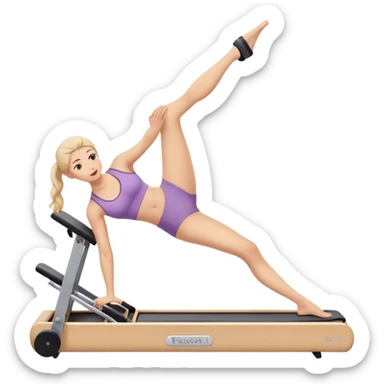 A girl doing a pilate exercize on her Pilates machine. We have a side view of her sticker