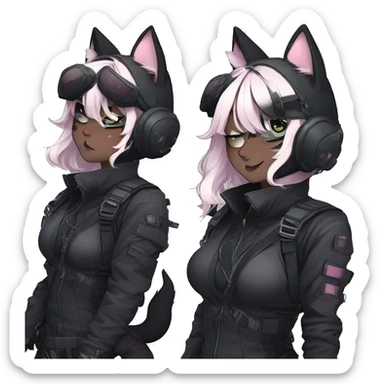 Gorgeous furry dark cyberpunk techwear anime style anthro black cat fursona with blushing face aesthetic and pretty edgy black with collar and harness trending style sticker