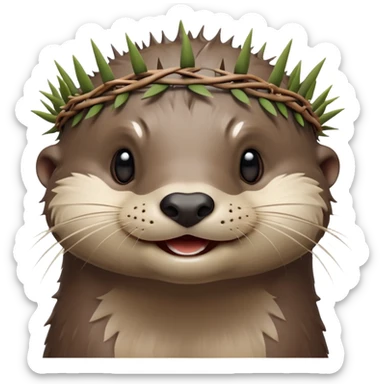 really cute smiling joyful otter face in three-quarter profile view with simple thorny stem wrapped horizontally around its forehead like Jesus Christ's Crown of thorns, no crown shape on top, just thin spiky branches circling the forehead sticker