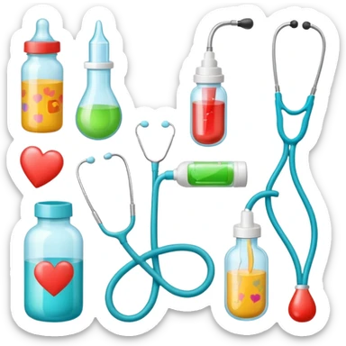 stethescope, heel lancet, medication, baby blood tubes, monitoring cables, baby bottle, cute scrapbooking paper,  sticker
