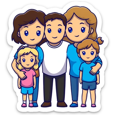 Family portrait with father with dark brown hair and blue eyes, mother with light brown hair and blue eyes, three blonde little girls with blue eyes sticker