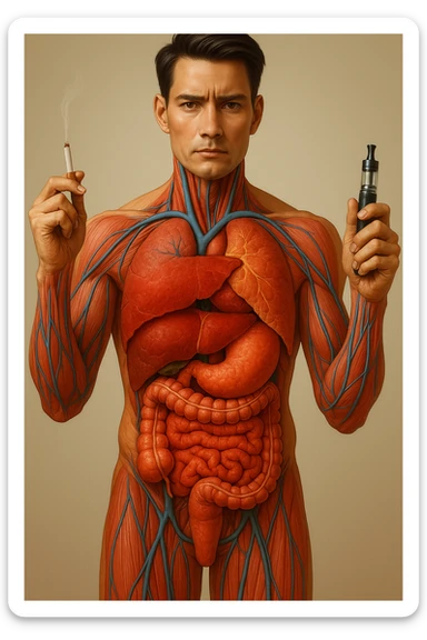 Create an identical copy in vertical 9:16 format: hyperrealistic medical illustration 4K, realistic human anatomical body, inflamed liver and intestines highlighted, man holding a lit cigarette in the right hand and an electronic cigarette in the left, style identical to the reference image. sticker