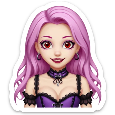 pretty scary girl, long straight LIGHT pink HAIR,SCARY RED eyes, black eyeliner, pale skin, purple corset clothes with laces, AND WITH A GRIN SMILE  sticker