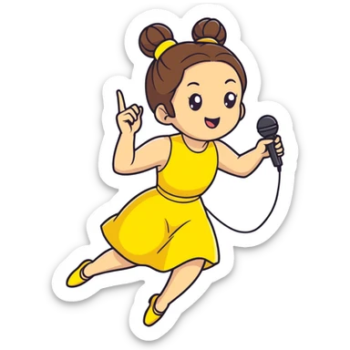 lively, stylized performer - brown hair in two buns, bright yellow dress, microphone in hand, mid-air pose sticker