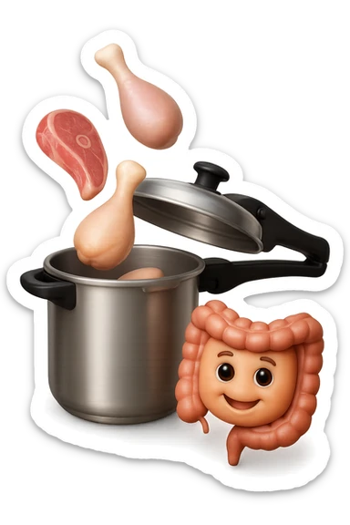 emoji stile iphone in 3d di una pentola a pressione dentro cui cadono agnello, pollo, tacchino crudi e un intestino umano felice da cuocere, iperrealistico 4k sticker