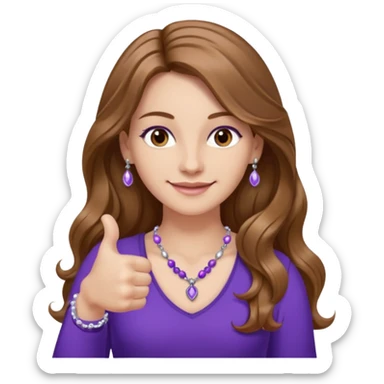 lady with long wavy русые hair, purple top, карие eyes, thumbs up, с бусами белые и серебром на шее sticker