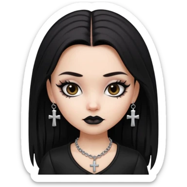 generate a pretty bratz girl in black goth top, black lipstick, black eyeliner, dark brown eyes. Dark brown hair straight long. wearing a silver cross necklace sticker