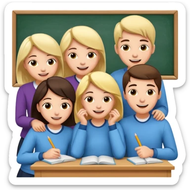 a group of students of both genders (boy and girl) talking quietly in a classroom sticker