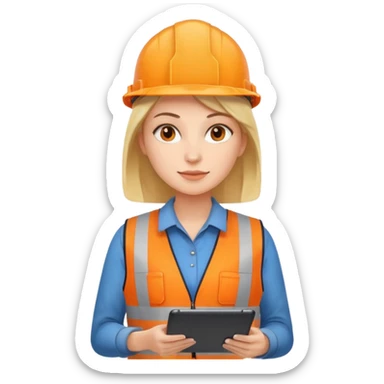 worker woman wearing orange west holding a tablet sticker