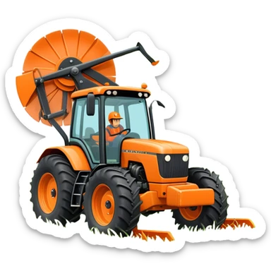 Howard EHD 180 (2019) – Cinematic-realistic Howard EHD 180 slasher, its bright orange frame mounted to a roaring tractor. The spinning blades cut through overgrown paddocks with ease, leaving a neat trail of freshly cut grass behind as birds scatter into the sky. sticker