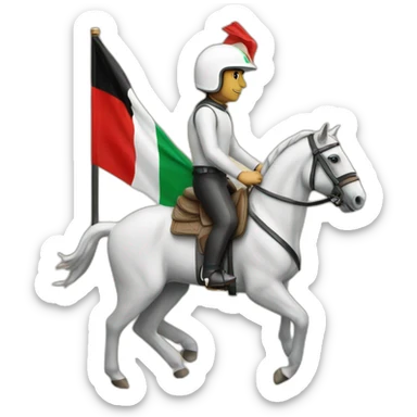 A man riding a horse wearing an helmet that has the uae flag printed on it sticker