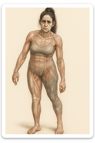 A woman in sportswear with an asymmetric posture, in a medical realistic style showing visible muscles and bones. The expression shows strong chronic stress signs including a tense face, dark circles under the eyes, and muscle tension. The background is neutral and the format is vertical. sticker