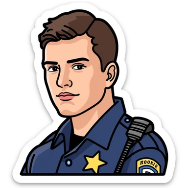 Realistic portrait of Nathan Fillion as John Nolan from The Rookie, detailed police officer with short hair and uniform sticker