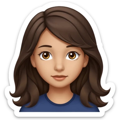 Create a emoji of a girl teen (14 years old) with dark brown hair and a little bit lighter brown in the end of the hair (but mixed) and waves in the hair, very long hair, with MEDIUM FAIR TO OLIVE skin tone, dark brown eyes, perfect nose, long eyelashes sticker