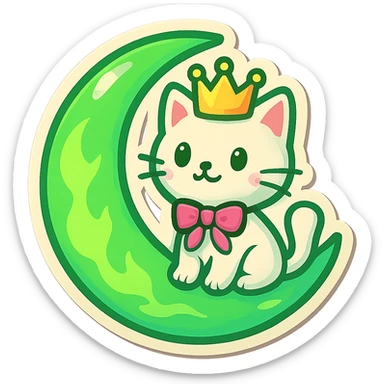 Light green crescent moon with fire effects, same shape as the reference image. A white cat with a pink ribbon and a crown sitting on the moon. Transparent background. Emoji style. sticker