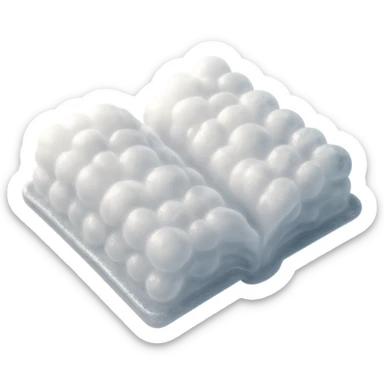 top view of a thick open book made entirely of small, very bright white fluffy convex clouds, matte glass style, emphasis on volume and airiness, no background sticker