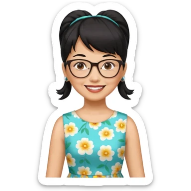 filipino woman black hair in one pony tail with straight bangs and big glasses, 60 yr old, nice dress

 sticker