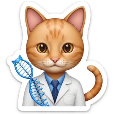 cat researcher with a DNA model sticker