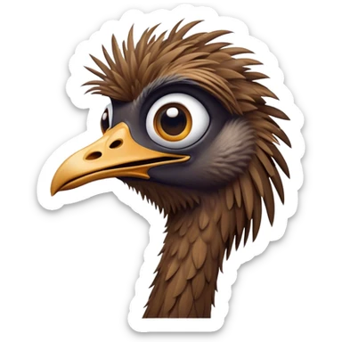 Cinematic Comical Emu Portrait Emoji, Head tilted dramatically with an exaggeratedly amused expression, featuring a striking, textured brown plumage with a comically small head and wide, expressive eyes full of playful disbelief, Simplified yet hilariously expressive features, highly detailed, glowing with a slightly sassy glow, high shine, dramatic yet playful, stylized with an air of cheeky outback mischief, bright and endearing, soft glowing outline, capturing the essence of a spirited and over‐the‐top emu, so meme‐worthy it feels like it could squawk its way into internet fame instantly! sticker
