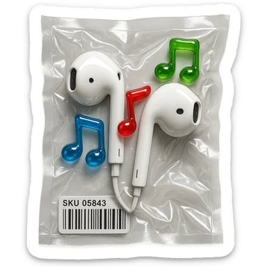 white EarPods headphones surrounded by exactly three small colorful glass music notes, glossy and puffy sticker