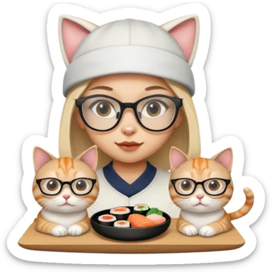 cute girl cat with really big square glasses with super thin frames eating sushi with a boy cat wearing a san antonio spurs cap sticker