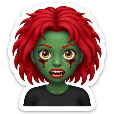 Faça me um emoji de um zumbi mulher de cabelos vermelho escuro longos ondulado usando uma blusa preta, faça no estilo iphone, o tom de pele dela tem que ser verde  sticker