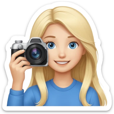  blue eyes blonde girl photographer cartoon taking picture in middle of taking picture camera in front of face long hair smiling funny flash professiona sticker