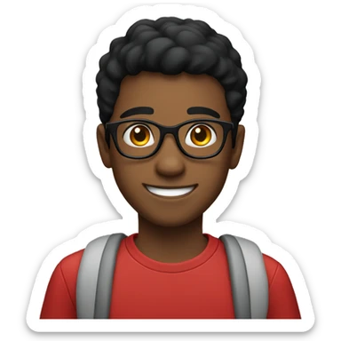 Smiling boy with glasses short black hair and red shirt sticker