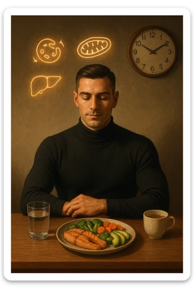 A realistic, cinematic illustration of a healthy, fit man in his early 30s with a calm, disciplined expression, sitting at a clean wooden table in the evening with a single, balanced, nutrient-dense meal in front of him (grilled salmon, colorful vegetables, avocado). The rest of the day he drinks only water and herbal tea, visible in a glass and a simple cup on the side. A wall clock in the background shows 6:00 PM, emphasizing that this is his only meal of the day (OMAD). Subtle glowing icons above him display a regenerating cell, mitochondria, and a liver symbol, representing autophagy, longevity, and health benefits of OMAD. The lighting is warm, with cinematic shadows and natural tones, creating a sense of discipline, mental clarity, and health optimization. The man looks centered and content, showing that OMAD is a conscious choice for energy and regeneration, not restrizione. The scene is realistic with slight film grain for depth sticker