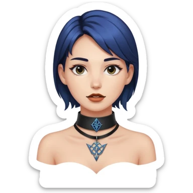 Leather choker with sigil around woman’s neck, pulse visible, dominance tone sticker