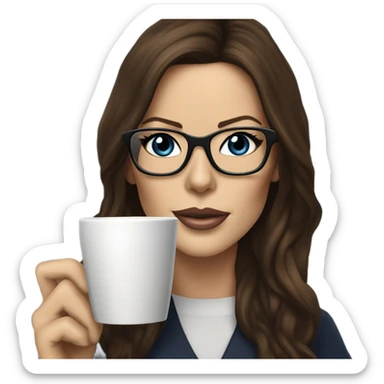 Hyper Realistic Kate Beckinsale dark blue eyes wearing glasses drinking coffee at a laptop  sticker