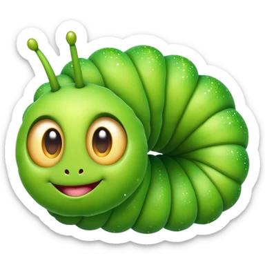 Cinematic Realistic Cute Caterpillar Portrait Emoji, Head tilted playfully and inquisitively, featuring a compact, segmented body in bright, vibrant green with delicate, inviting textures and a charming, rounded face with sparkling eyes full of curiosity, rendered with lifelike detail and natural highlights, high shine, affectionate and spirited, styled with a touch of garden whimsy, soft glowing outline, capturing the essence of a mischievous yet lovable caterpillar that seems poised to crawl cheerfully into your arms! sticker
