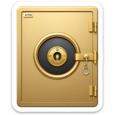 A secure vault door with the AYNI Gold logo at its center lock, glowing subtly. Flat design, metallic gold tones, black background, small “AYNI Gold” tag on the lower edge sticker