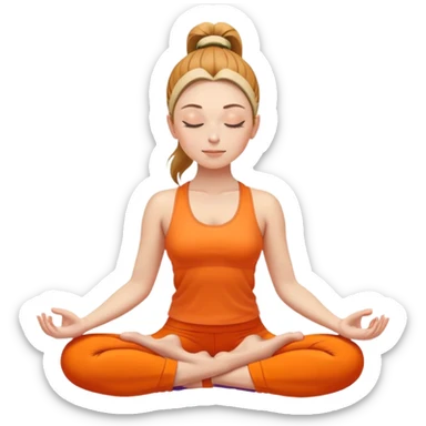 caucasian woman with ponytail in lotus position meditating, eyes closed, peaceful expression, bright orange yoga clothes sticker