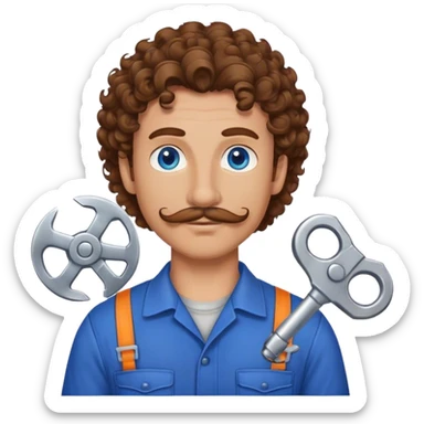 Mechanic with brown curly hair blue eyes and mustache  sticker