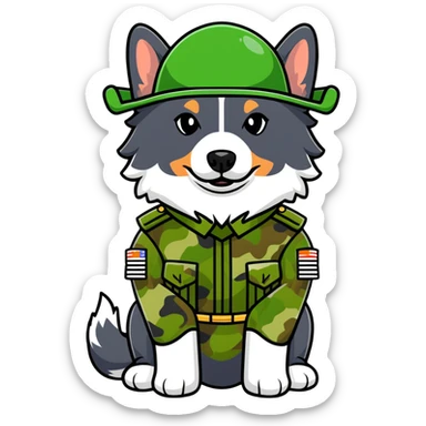 black-tri Mini American Shepherd in a camo green soldier uniform and green helmet sticker