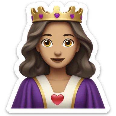 Caucasian long  brunette woman wearing formal royal purple robes and a crown. A burst of hearts are floating around her sticker