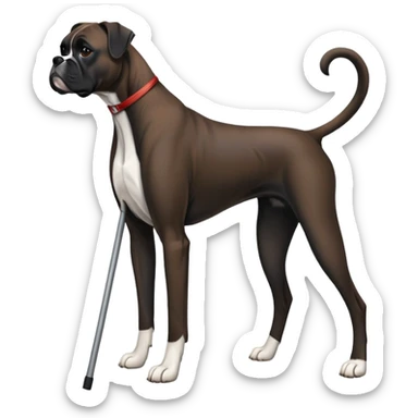 Elderly adult dark black boxer dog standing on hind 2 legs hunched over using one cane sticker