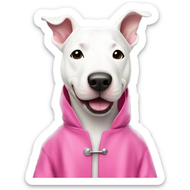 White Bull terrier in pink rain coat sticker