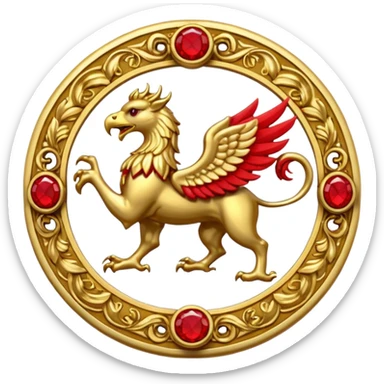 Golden griffin crest / brosch in a circle with red gems and no background sticker