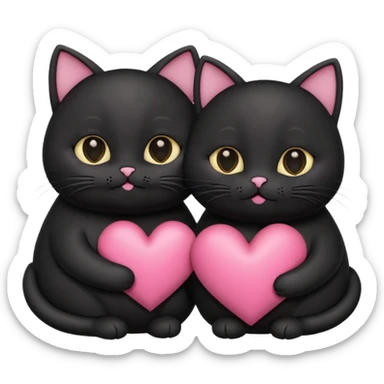two fat cute black cats love, pink heart, closed mouth, black ears sticker