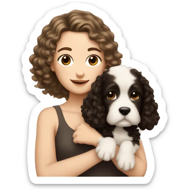 pale white girl with curly black hair holding tan brown puppy sticker